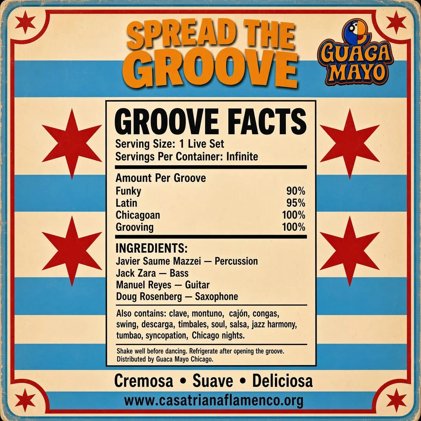 "Guaca Mayo" novelty label art, styled like a nutrition-facts panel, listing the band as ingredients